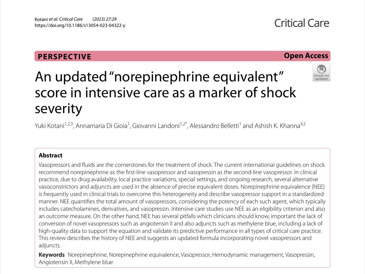 EmergPOCUS's tweet photo. ✨ Actualización del Puntaje Equivalente de Norepinefrina en Cuidados Intensivos como Indicador de Severidad del Shock ✨

🔹 Permite convertir y comparar las dosis de diferentes agentes vasopresores a una equivalencia común basada en norepinefrina. 

🔹 Tratamiento del Shock: Vasopresores y Fluidos
   - 💊 Norepinefrina y vasopresina son recomendadas en las guías internacionales.
   - 🌍 En la práctica, se utilizan diversos Vasopresores debido a la variabilidad local y disponibilidad.

🔹 Utilidad de la Equivalencia de Norepinefrina (NEE)
   - 📊 Importante en ensayos clínicos para describir el soporte vasopresor de manera #Estandarizada.
   - 🧪 Cuantifica la cantidad total de vasopresores considerando la potencia de cada uno.

🔹 Evolución de las Fórmulas de Cálculo
   - 📈 Desde 1995, se han desarrollado varias fórmulas para cuantificar el soporte hemodinámico.
   - 🔍 La última propuesta incluye agentes como la angiotensina II y el azul de metileno.

🔹 Desafíos
   - 🚧 Falta de estandarización en la conversión de dosis de vasopresores.