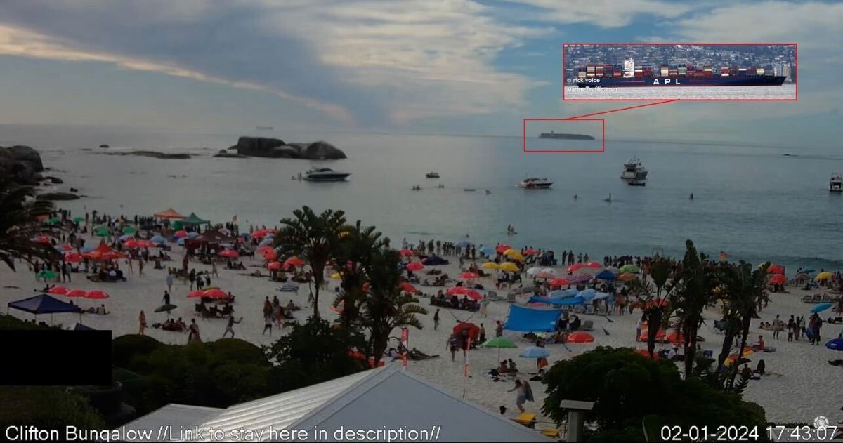 typesfast's tweet photo. New Flexport trade lane manager hobby: Using South Africa kitesurfing webcams to spot container ships carrying our customer cargo as they round the Cape of Good Hope.  
Shoutout @connorhelm for being this much of a shipping nerd. https://t.co/u3MNzoENUD