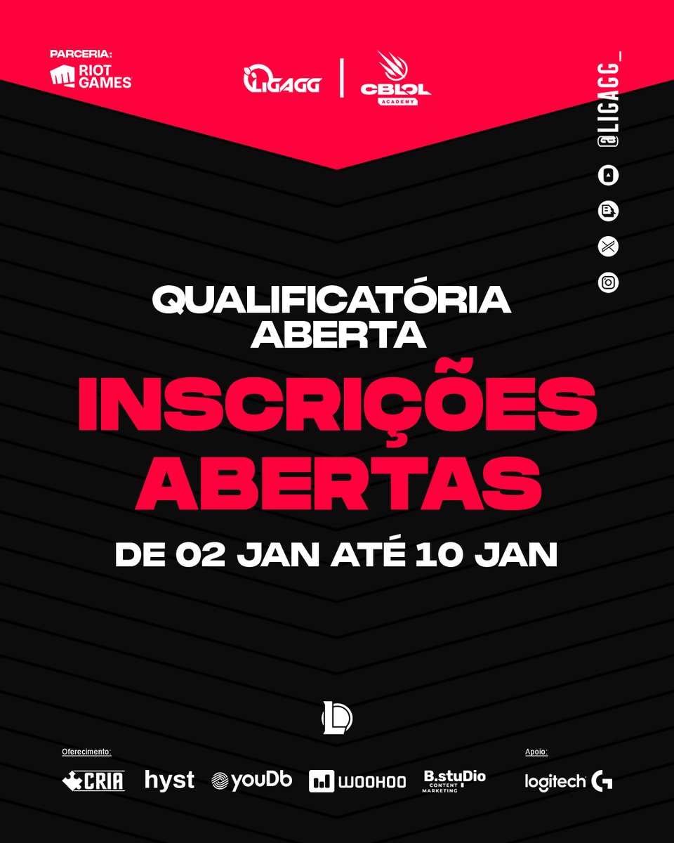 Inscrições para as Qualificatórias do <a href="/CBLOL/">juao</a> Academy estão oficialmente abertas! 🔥

O Seu momento de brilhar chegou ⌨️🖱️

Para se inscrever, basta preencher o formulário abaixo!
forms.gle/RGRKejYRrcHFmF…

📅Abertura das inscrições: 02/01/24 às 13h.
🕐Encerramento das inscrições: