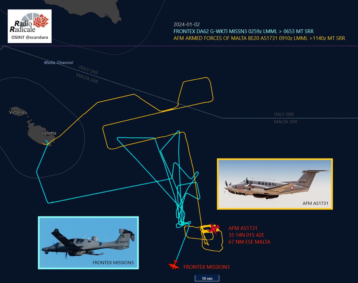 scandura's tweet photo. Attivitร significativa da stanotte fino al primo pomeriggio a sudest di #Malta: diverse le orbite di due velivoli tracciati in area SAR maltese.
๐ฉ๏ธ#AS1731 ๐ฒ๐น
AFM Armed Forces of Malta
๐ฉ๏ธ#MISSION3 ๐ช๐บ (aka #OSPREY3)
Frontex
๐ OSINT via Radio Radicale https://t.co/zegZXydPmt