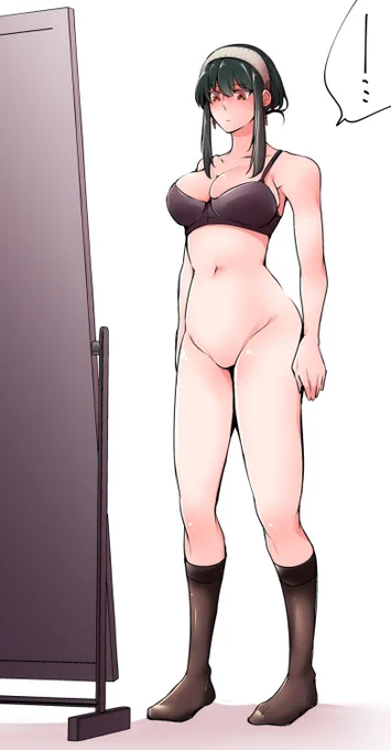 pixivにて『裸より恥ずかしい格好をするヨルさん』500ブクマありがとうございますブラ+靴下のみ着用。 