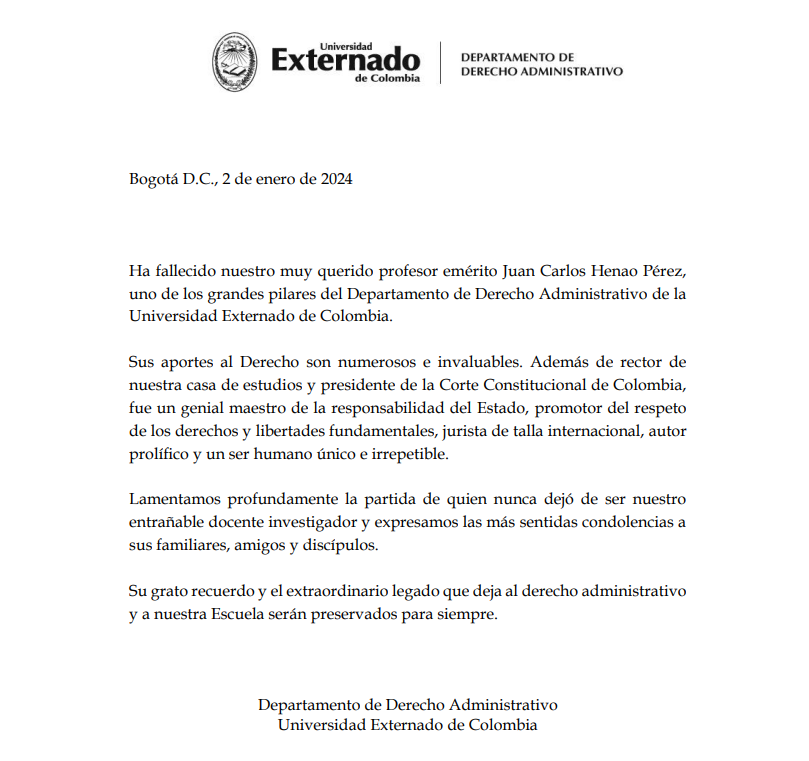DerechoAdminUEX's tweet photo. Hasta siempre, querido doctor Henao. Su grato recuerdo y el extraordinario legado que deja al derecho administrativo y a nuestra Escuela serán preservados para siempre. https://t.co/WNRpb3fUhw