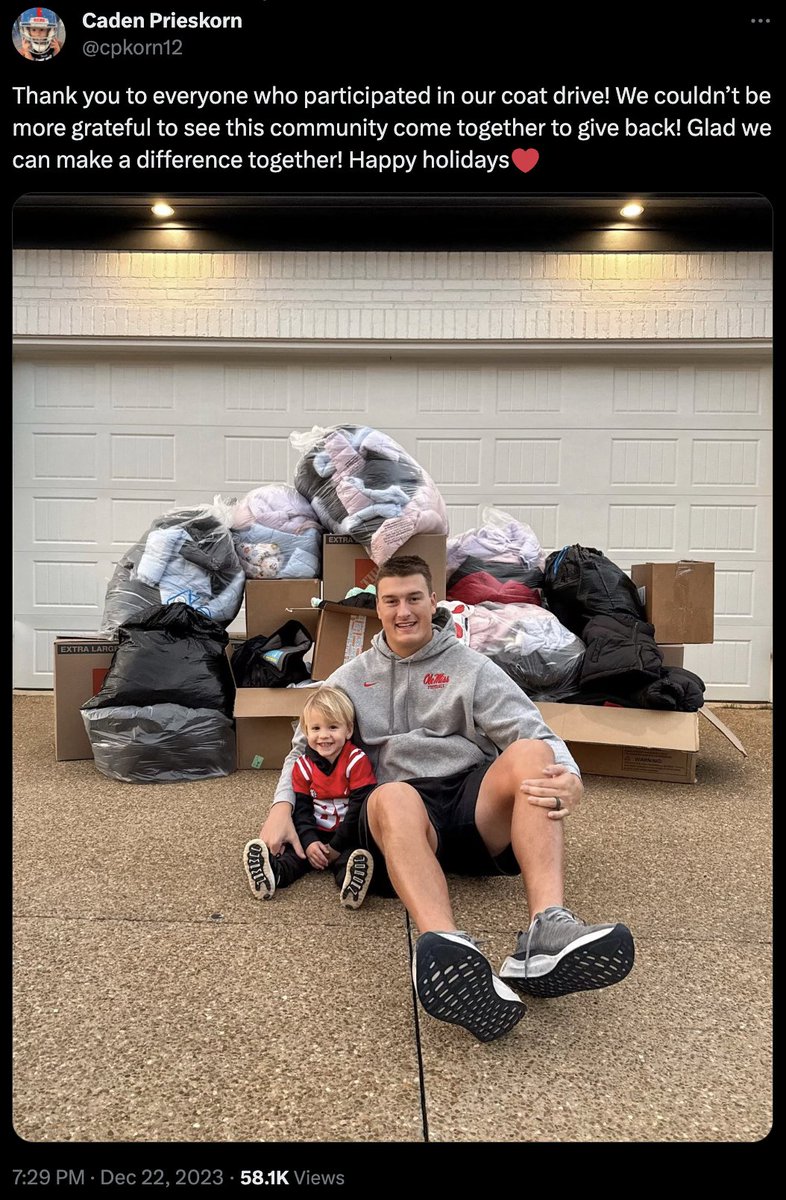 A reminder that the week before <a href="/cpkorn12/">Caden Prieskorn</a> won MVP at the Peach Bowl, he and his family facilitated a coat drive in Oxford to give back to the community. We are honored to have him as an ambassador for our collective, school and state. One of the good ones <a href="/cpkorn12/">Caden Prieskorn</a> 🤝