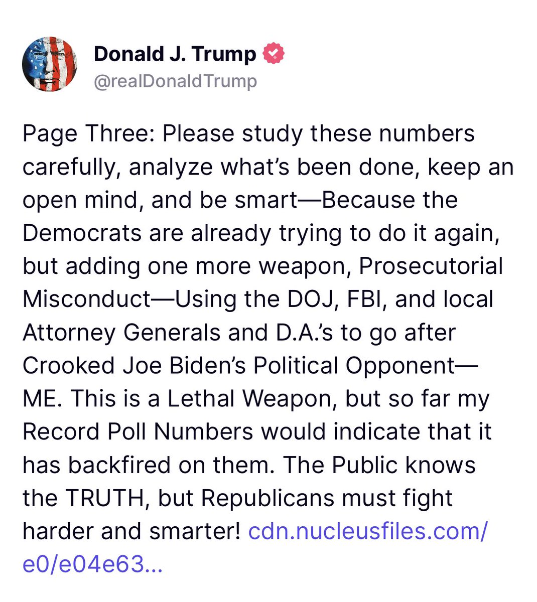 “SUMMARY OF ELECTION FRAUD IN THE 2020 PRESIDENTIAL ELECTION IN THE SWING STATES These numbers are determinative and, in all cases, are hundreds of thousands of Votes per Swing State more than I needed to WIN that State. If the Republican Senate does… cdn.nucleusfiles.com/e0/e04e630c-63…