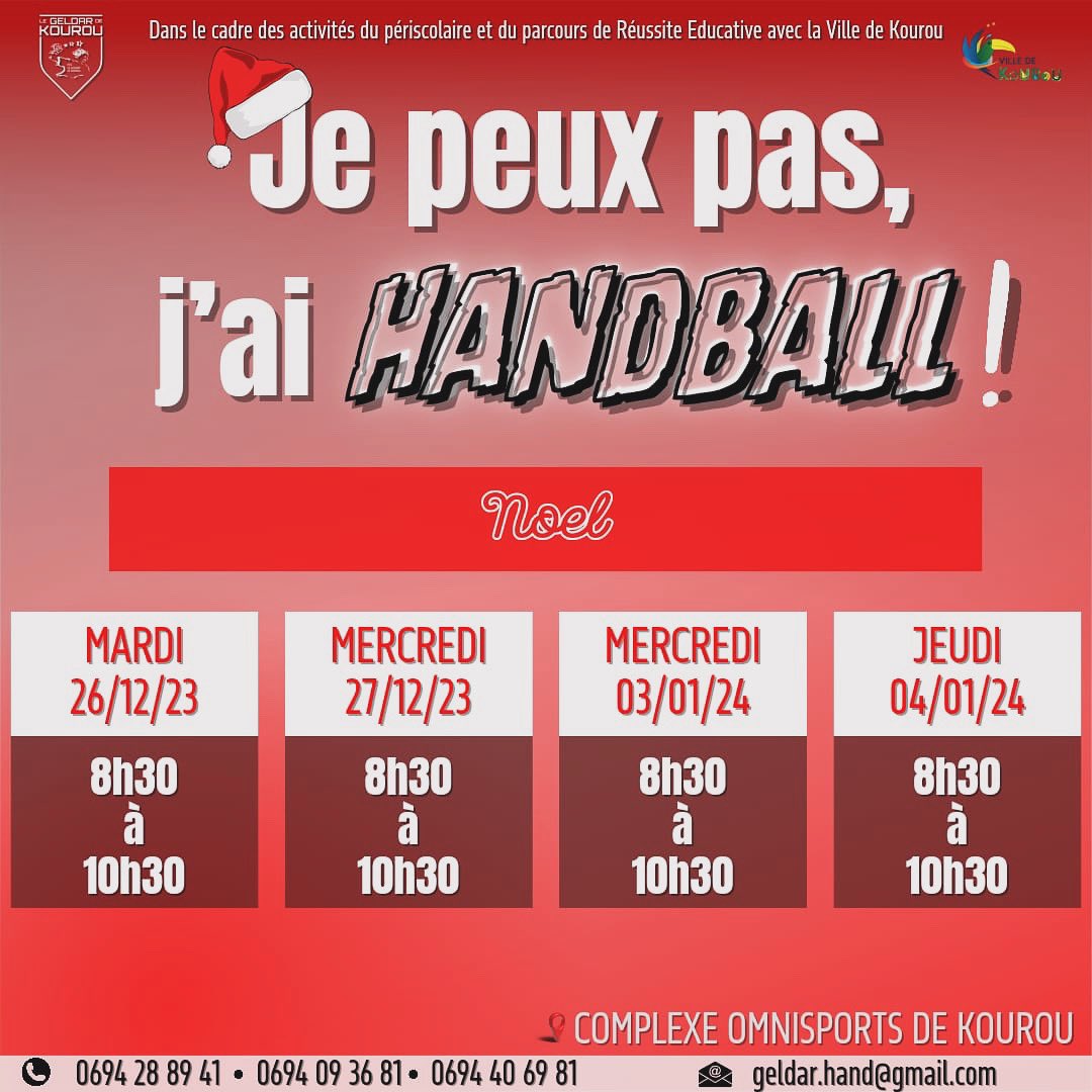 GeldarHandball's tweet photo. Reprise de « Je peux pas, j’ai HANDBALL ! » - session des Vacances de la Noël. 🤾‍♂️🤾‍♀️

Mercredi 3 et jeudi 4 janvier 2024.

Enfants : 6-17 ans.

#kourou #villedekourou #programmedereussiteeducatuve
#Kourou https://t.co/oaohQQIBta