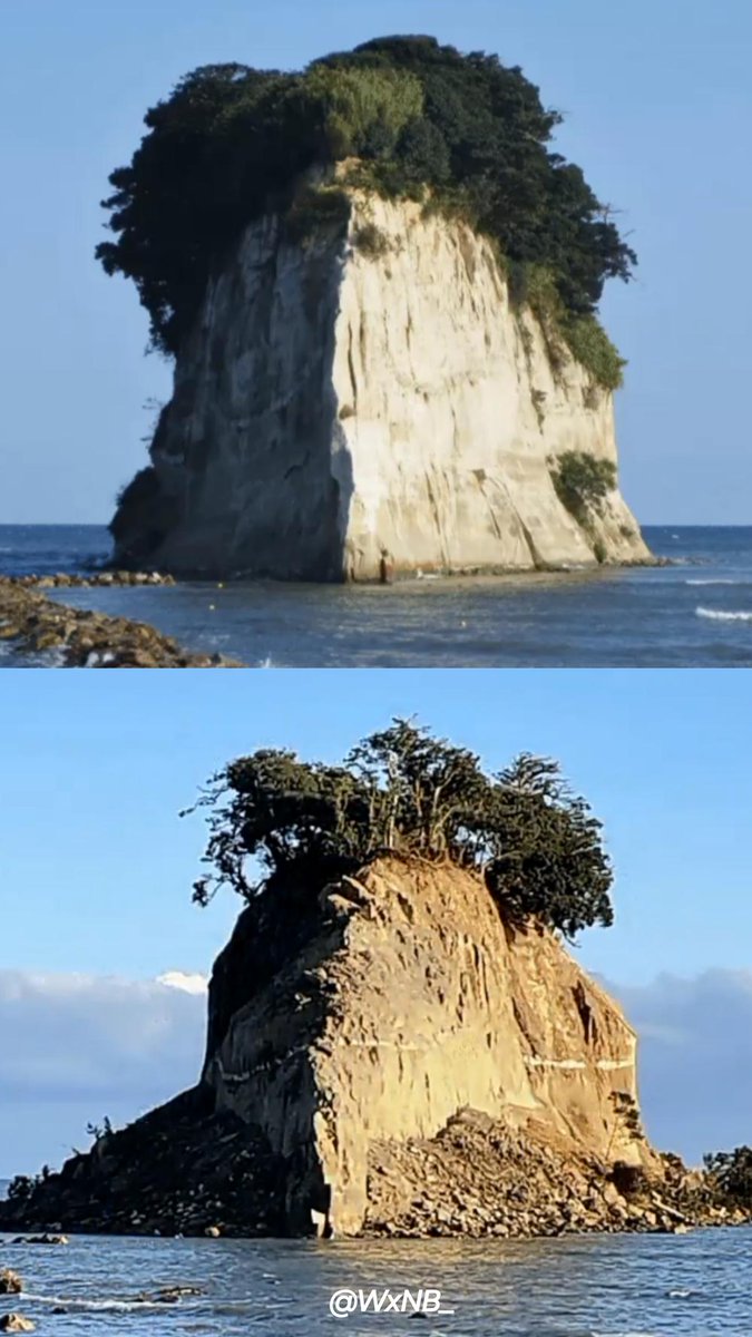 Centinela_35's tweet photo. Se derrumba parte del popular islote #Mitsukejima, en Suzu, prefectura de Ishikawa, tras el potente terremoto que sacudió el oeste de #Japón 🇯🇵 Las imágenes muestran un antes y después.

#JapanEarthquake https://t.co/BV3ZOflOcs