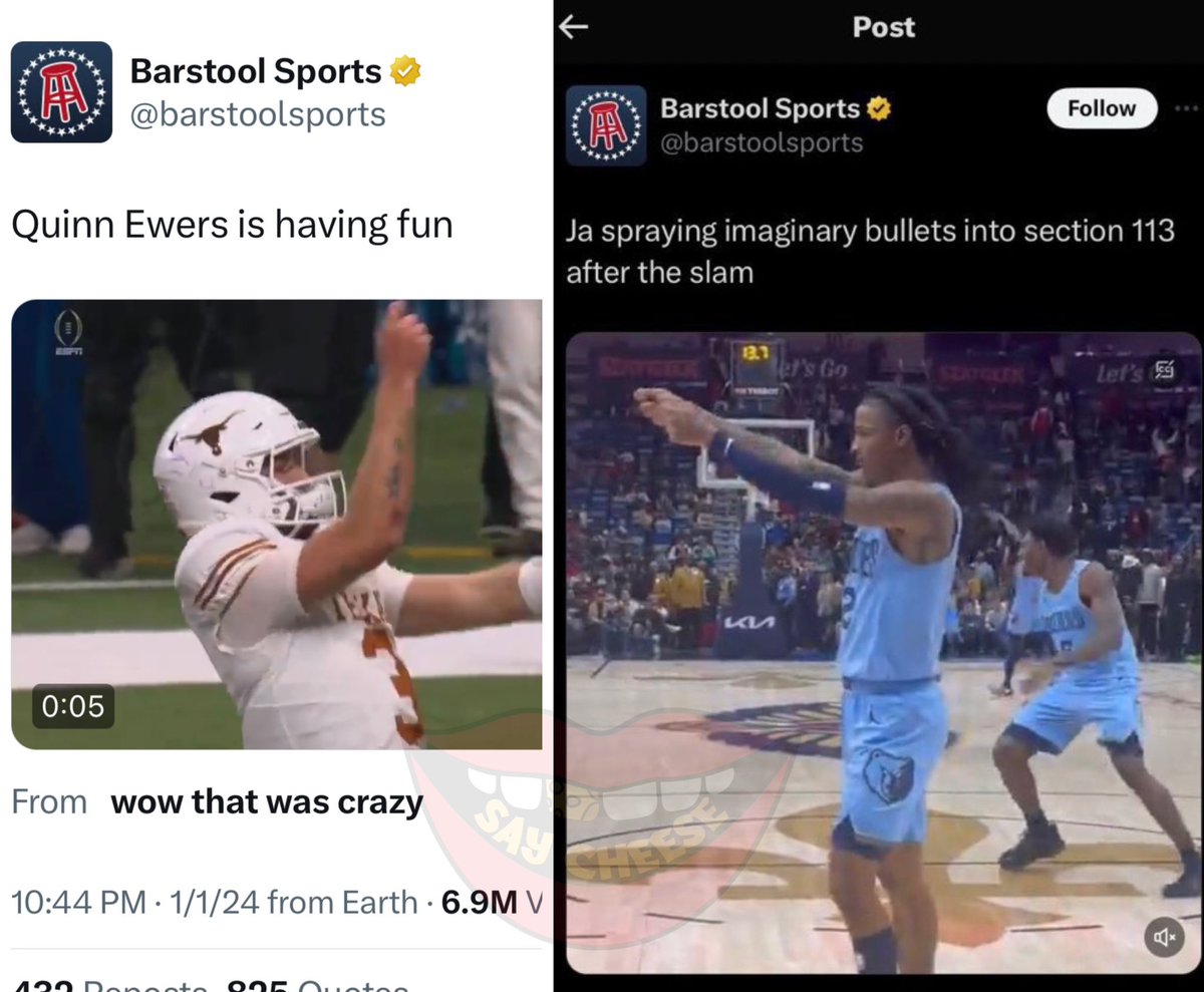Barstool Sports is getting called out for saying Quinn Ewers was having fun… but Ja Morant was shooting bullets?? They were both doing the same dance.