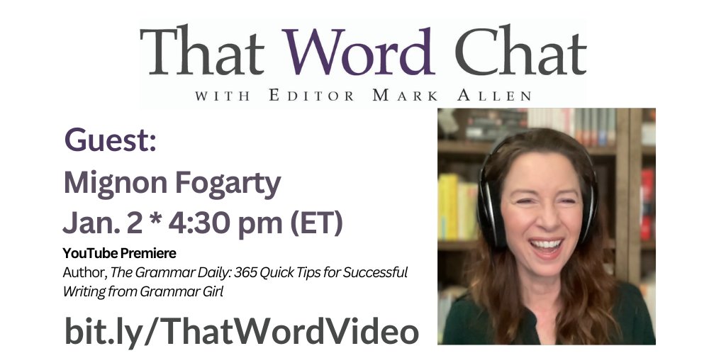 word_chat's tweet image. Happy New Year, fellow #edibuddies and #wordNerds! We&apos;re celebrating the new year with the premiere of episode 69, featuring author and podcaster Mignon Fogarty. Head to our YouTube channel at 4:30 PM ET to tune in! 

bit.ly/ThatWordVideo

#AmEditing #WritingCommunity