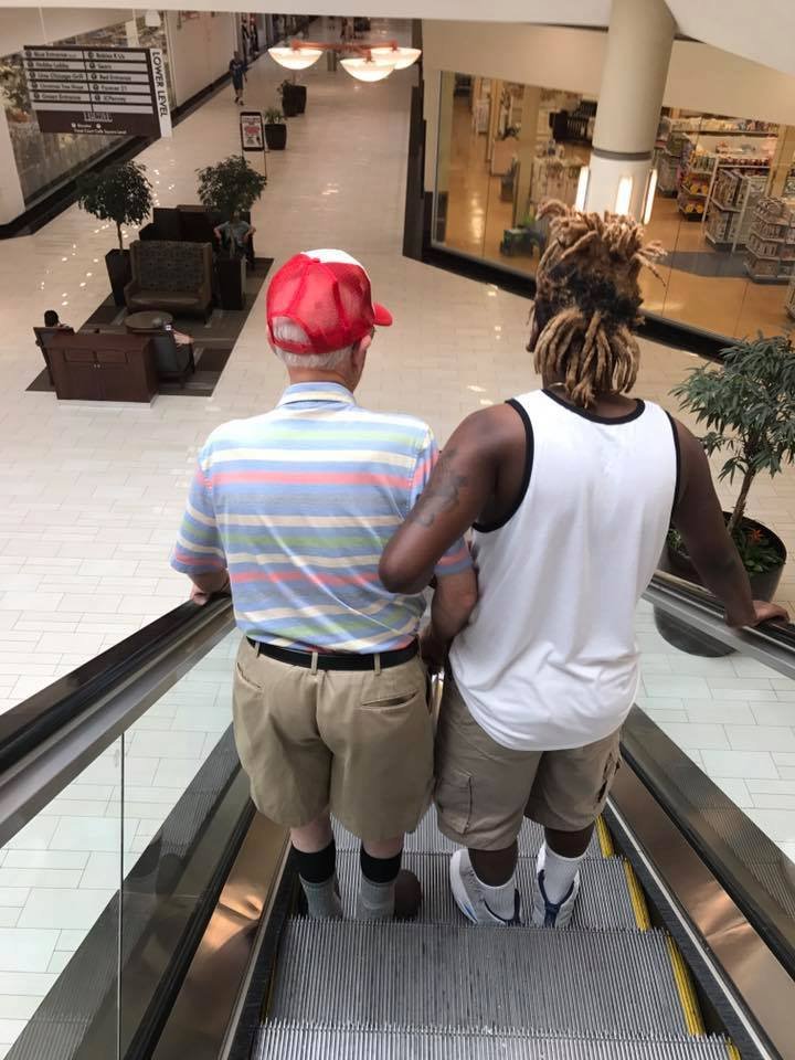 EpochInspired's tweet photo. A little redemption for the suffering human soul. 😊 The older man was paused at the top of an escalator and a few people started gathering waiting to get on. It was clear he was feeling unsure and this young man offered the simplest kindness: an out-reached arm and a 'can I help you on, sir?' He quietly started to explain to the young man that he had gotten stuck on an escalator once and was a little scared. The young man gently offered an assurance, they looked at each other eye to eye for just a moment and the older man accepted his arm. Everyone else remained patient. So, so sweet to witness!

In about an hour, the evening news will air and we'll be reminded of division, political mud-slinging, shootings and other heartaches. But today, violence, age, politics and other social lines were blurred and one person simply helped another. I wanted to hug both of them. Whoever this young man is, YOUR FAMILY RAISED YOU RIGHT! THANK YOU! So, please look for the silver linings - as I was so fortunate to witness this evening.♥️

Credit: Love What Matters -facebook.com/lovewhatreallymatters"