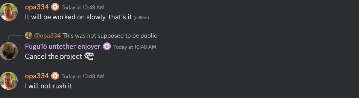 BREAKING: Opa confirms via Discord that Dopamine v2.0 will have 

Arm64:15.0-16.7.4 (This is A9- A11 devices:Checkm8 compatible) 

Arm64e: 15.0-16.5.1 (This is A12+, so most people)

He also says that he won’t rush it! Hopefully it’s as stable is possible!