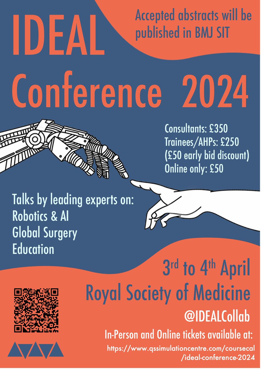 Want to learn more about surgical innovation? 🦾The upcoming IDEAL conference is the perfect opportunity 📅 April 3rd - 4th Featuring talks on: 🤖Robotics and Artificial Intelligence 🌍 Global Surgery ✏️ Education 📝Abstracts close 31st Jan 🔗 qssimulationcentre.com/coursecal/idea…
