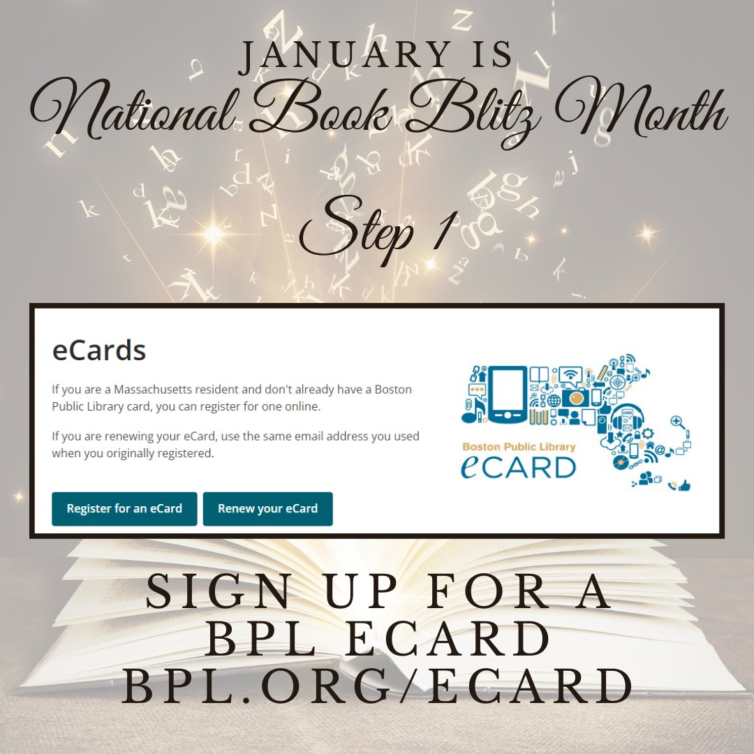 HealeyUMB's tweet photo. Jan. is #NationalBookBlitzMonth ! Crush your 2024 reading goals with FREE ebooks, audiobooks, &amp; magazines from your public library!

Here's a fav #LibraryHack - Get a @bplboston #eCard, download @Libby.app then link your eCard to 7 PARTNER LIBRARIES - 8 library cards total! https://t.co/ce1qRxin5I