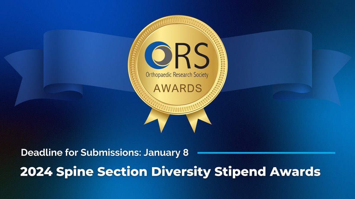 Apply for the Spine Section Diversity Stipend Awards by Jan 8 to attend the Spine Section Symposium at #ORS2024. The goal of these awards is to increase diversity and equitable access #spineresearch. For more information or to submit a nomination, visit bit.ly/4aE89CO.