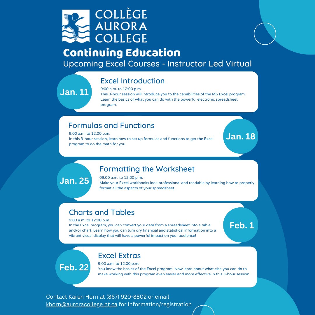 Level up your Excel skills with the upcoming Excel Series of Instructor-led virtual courses at Aurora College! Elevate your skills and conquer the world of spreadsheets. 

Contact Karen Horn at (867) 920-8802 or email khorn@auroracollege.nt.ca for information and to register.