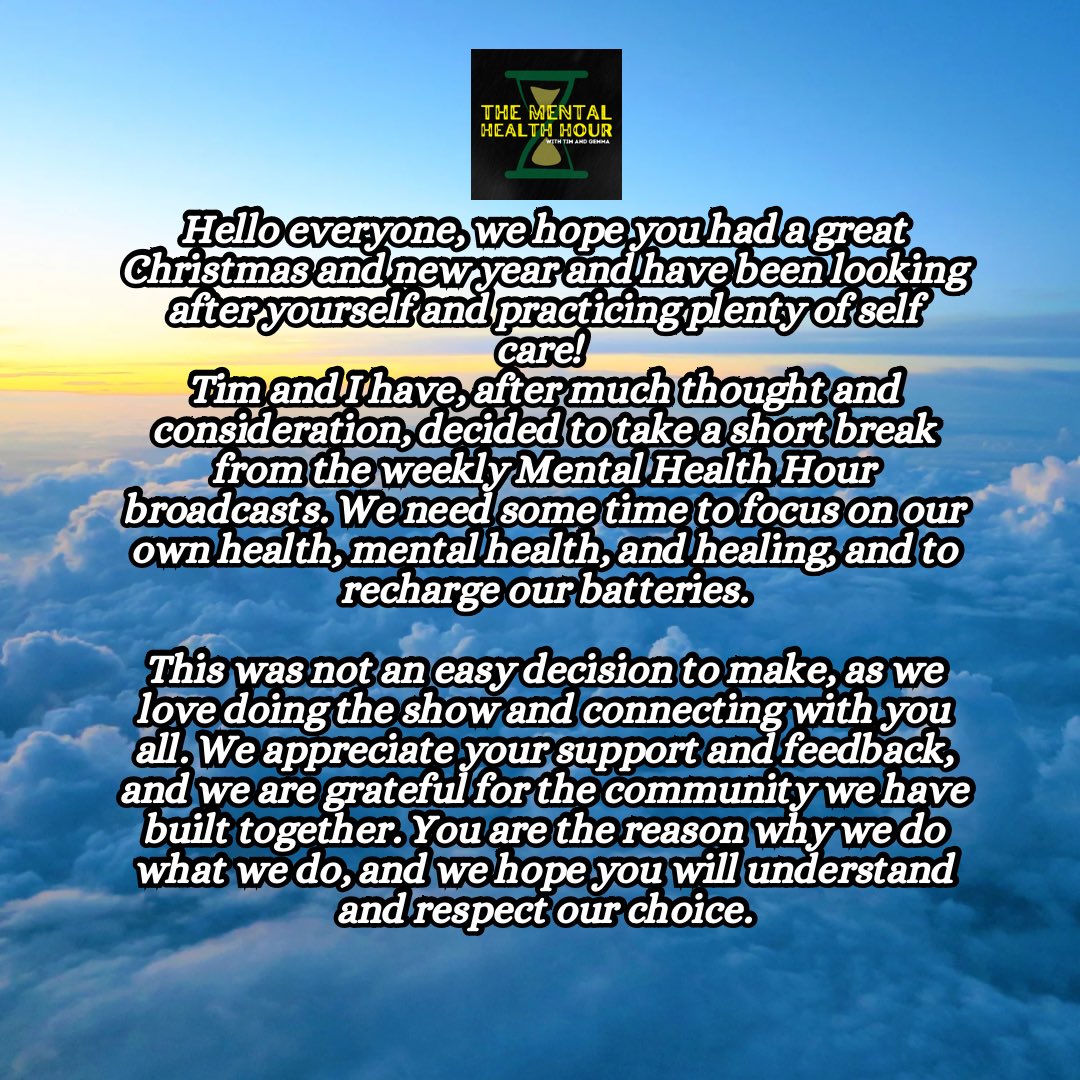 mental_healthhr's tweet photo. Please open and read this very important announcement from Tim & Gemma at The Mental Health Hour.
#mentalhealth #tmhh #MentalHealthAwareness #twitch #YouTube @tim_conrad1 @gemmih83 @raysimms0907 @JsScope #MentalHealthMatters https://t.co/e1yvz6VafI
