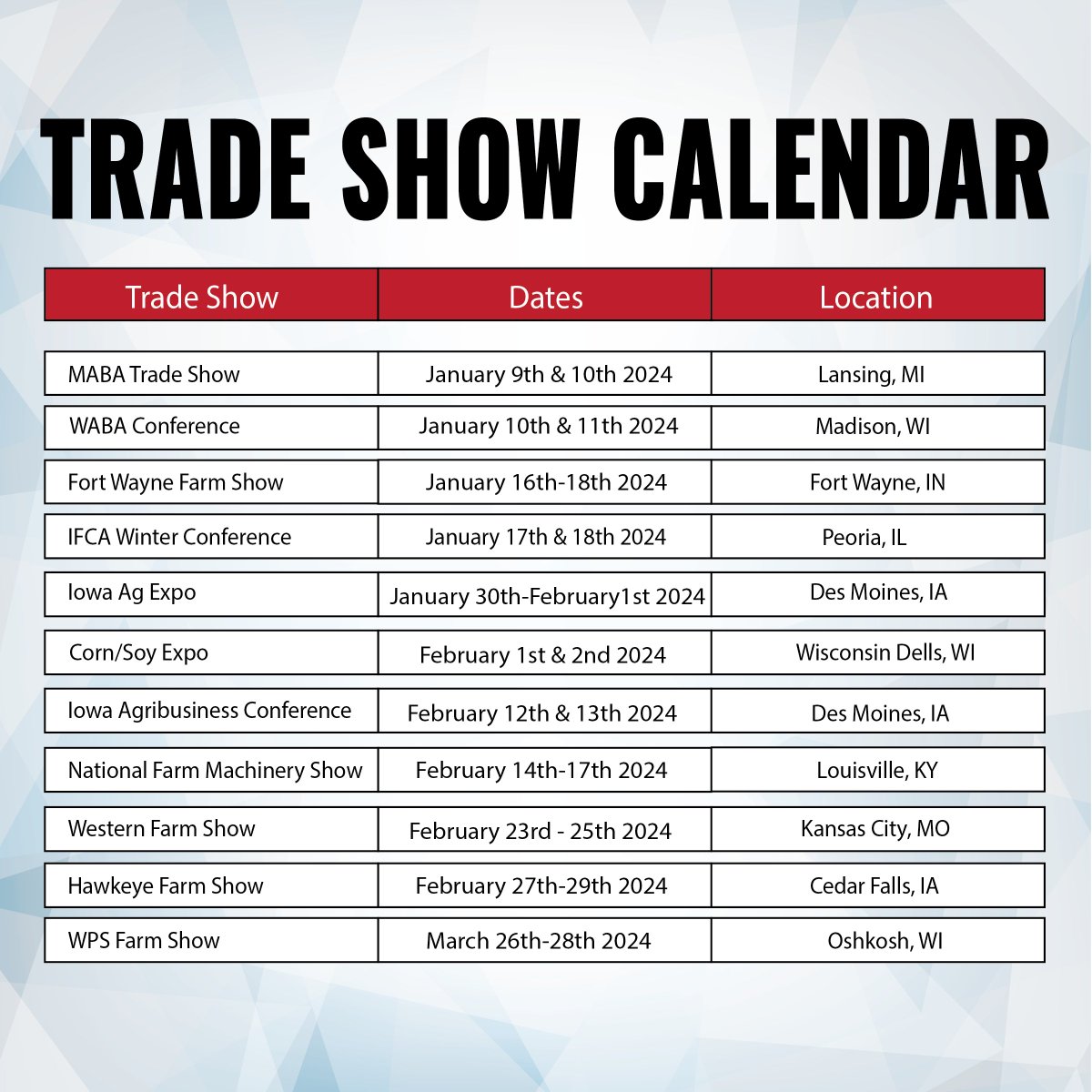 FertilizerDeal's tweet photo. FDS 2024 Trade Show Calendar for January - March! Be sure to stop by &amp; see us at the following shows! #fds #tradeshows https://t.co/Ywm6IZN1ti