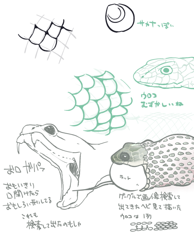 skebの合間に画像検索して出てきたヘビを見ながら描いてみるなど。ウロコ難しい