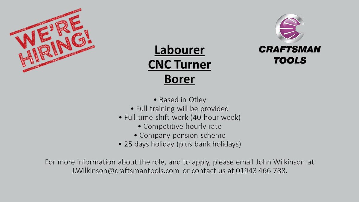 Craftsmantooluk's tweet photo. @Craftsmantooluk is hiring!

Career Opportunities:
Labourer
CNC Turner
Borer

For more information about the role, and to apply, please email John Wilkinson at J.Wilkinson@craftsmantools.com or contact us at 01943 466 788. https://t.co/UoYt1zIfev