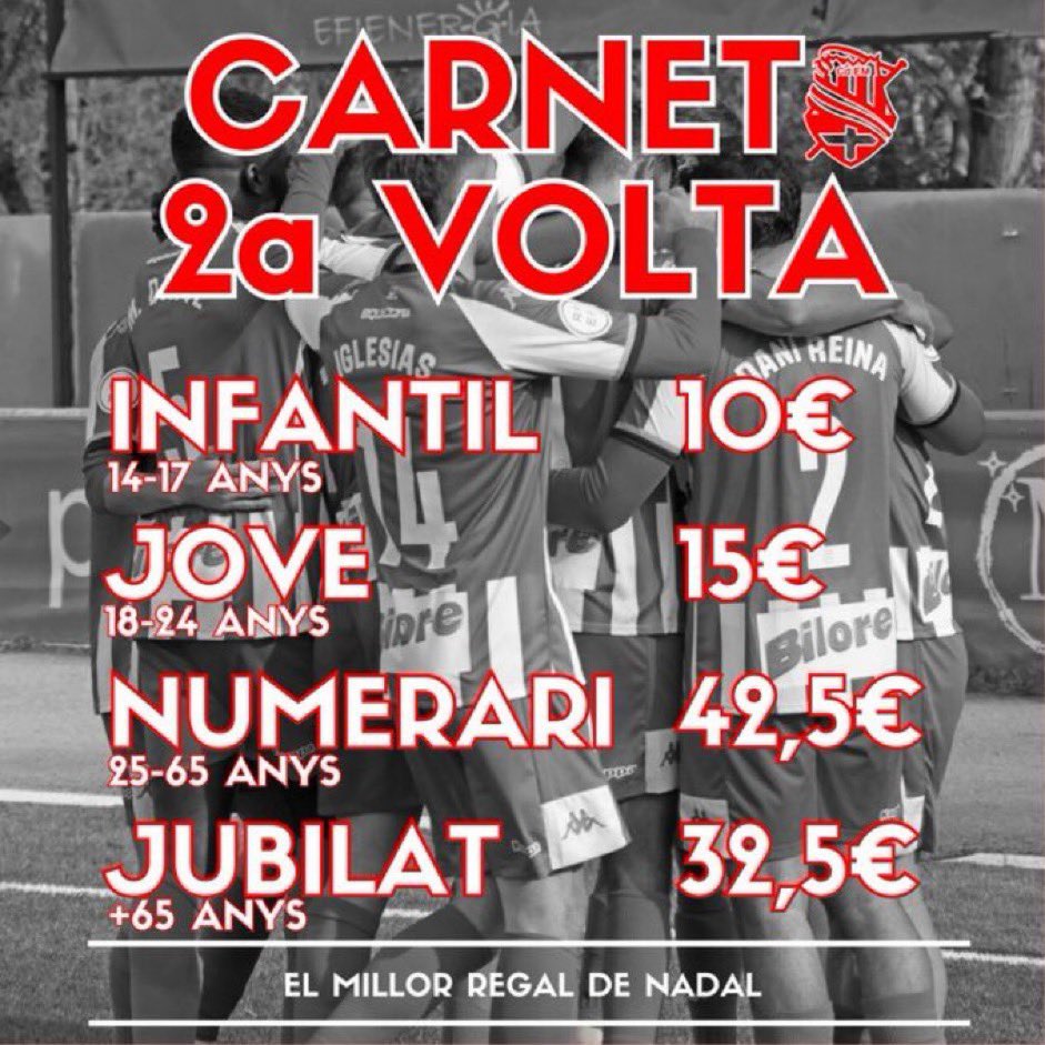 🪪𝗖𝗔𝗥𝗡𝗘𝗧 𝗦𝗘𝗚𝗢𝗡𝗔 𝗩𝗢𝗟𝗧𝗔

🔝Al 5️⃣0️⃣ % i de regal, el partit contra l’Alzira de la primera volta

⚽️Fes-te soci al link: cemanresa.playoffinformatica.com/preinscripcio/…
 𝐢 𝐚 𝐨𝐟𝐢𝐜𝐢𝐧𝐞𝐬 𝐝𝐞 𝐝𝐢𝐦𝐚𝐫𝐭𝐬 𝐚 𝐝𝐢𝐯𝐞𝐧𝐝𝐫𝐞𝐬 𝐝𝐞 𝟏𝟕:𝟑𝟎𝐡 𝐚 𝟐𝟎:𝟑𝟎𝐡 

#Seguim
#Campanya3000