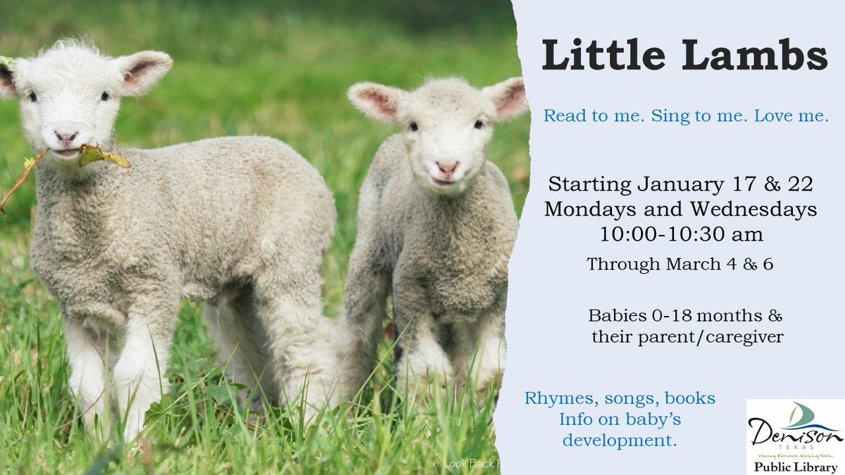 Denison_Library's tweet photo. Join us in the library for our program for babies 0-18 months and their parent/caregiver! The program will start January 17th &amp; 22nd from 10:00-10:30 am every Monday and Wednesday and end March 4th &amp; 6th. #ReadToWin https://t.co/9YNhUBh2dK