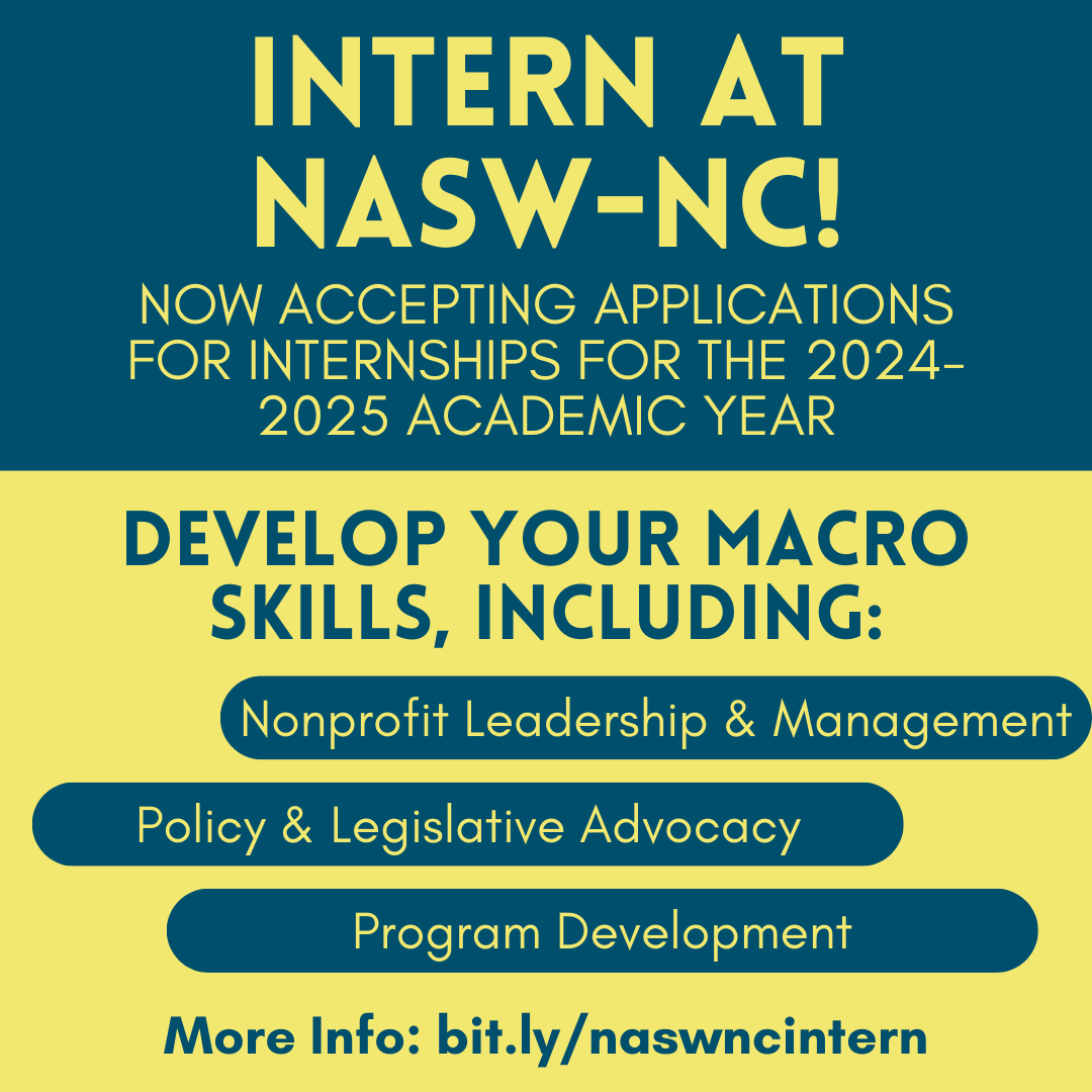 NASW-NC internship applications are now OPEN for the 2024-2025 academic year. Intern with the only organization that advocates for the entire social work profession and social justice issues in North Carolina, NASW-NC! More info: bit.ly/naswncintern