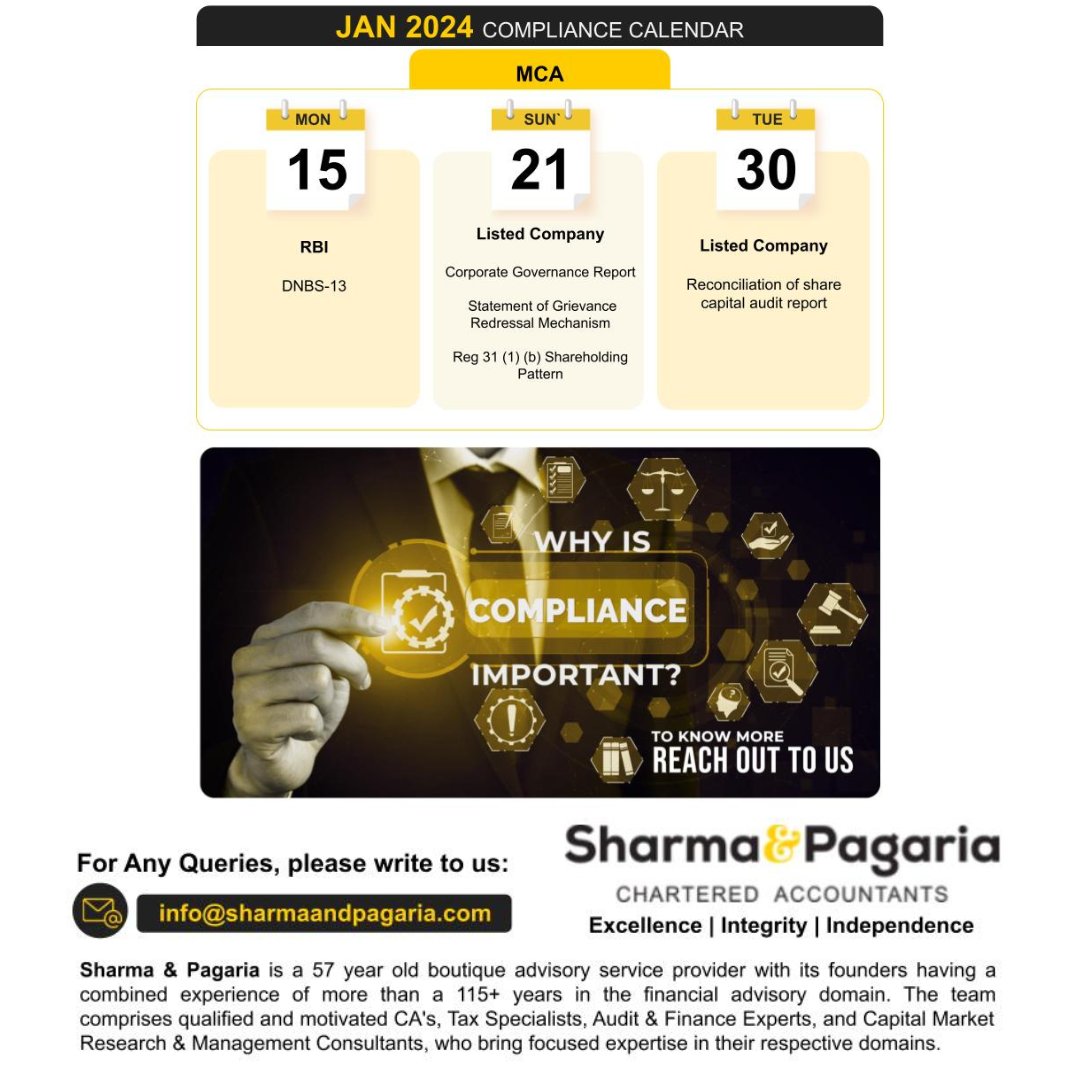 sharmapagaria's tweet photo. We have listed the key reporting forms and due dates on our corporate compliance calendar for January 2024.

Contact our experts at +91 9611719707
Visit us: https://t.co/nuKt5CgsBa

#compliancecalendar #compliances #ComplianceMatters #duedates #compliance #business #startups https://t.co/FLg82MuCRP