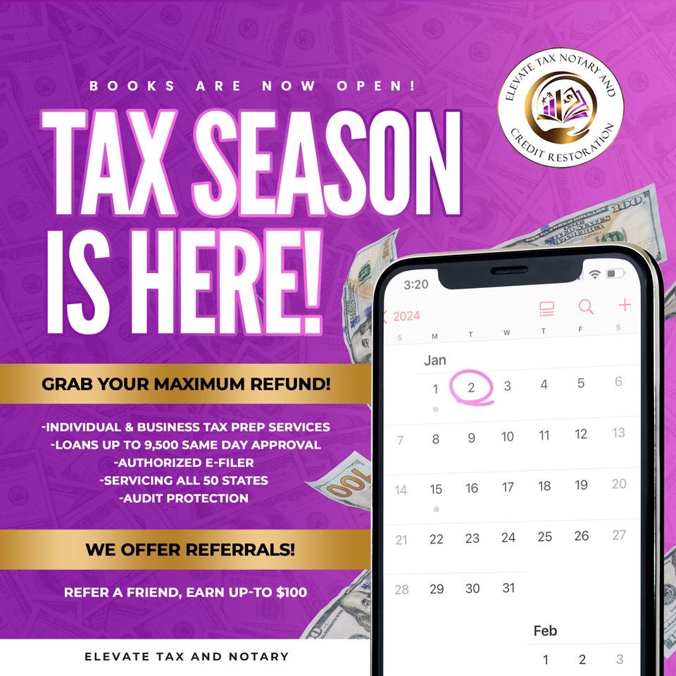 dabooker2's tweet photo. 🗣️ IT’S HERE‼️ IT’S HERE‼️

W2 forms dropping on ADP 💵

Make sure you file with us at Elevate Tax and Notary💰

✨Referral Fees & Customer Incentives ‼️

-Self Employed 
No Qualifying Child: $600💰
College Students: $1000 or more💰
1 Qualifying Child: $3,995💰
2 Qualifying Children: $6,604💰
3 Or More Qualifying Children: $7,430💰

-W2(Estimated )
1 Qualified Child up to $6,000.00
2 Qualifying Children up to $ 10,500.00
3 Qualifying Children up to $ 13,600.00
*REFUND AMOUNTS ARE SUBJECT TO CHANGE , IF FEDERAL WITHHOLDINGS WERE PAID IN CORRECTLY…..

💸Cash Advance starts January 2nd up to $9,500🤑
🖥️Remote Processing in ALL 50 States
📈Small Business Taxes 
📌We Specialize In Self-Employment 
🏦Direct Deposits Available 

Use My Intake Form To Securely Submit Your Information ⬇️⬇️⬇️

https://t.co/atFzcKn4up

#taxseason 
#taxpreparer #taxprofessional  #taxtips #taxtime #taxwriteoffs #incometax #estimatedtaxes #smallbusinesstaxes #taxesforsmallbusinesses #taxpreparation #taxservices #2021taxes #irs #2023filingseason #taxsavings #scorp #scorporation #llc #taxfiling #taxhelp #salestax #taxdeductions #taxchanges #taxprep #businesstaxes #2022taxes #taxplanning #selfemploymenttaxes #smallbiztaxes