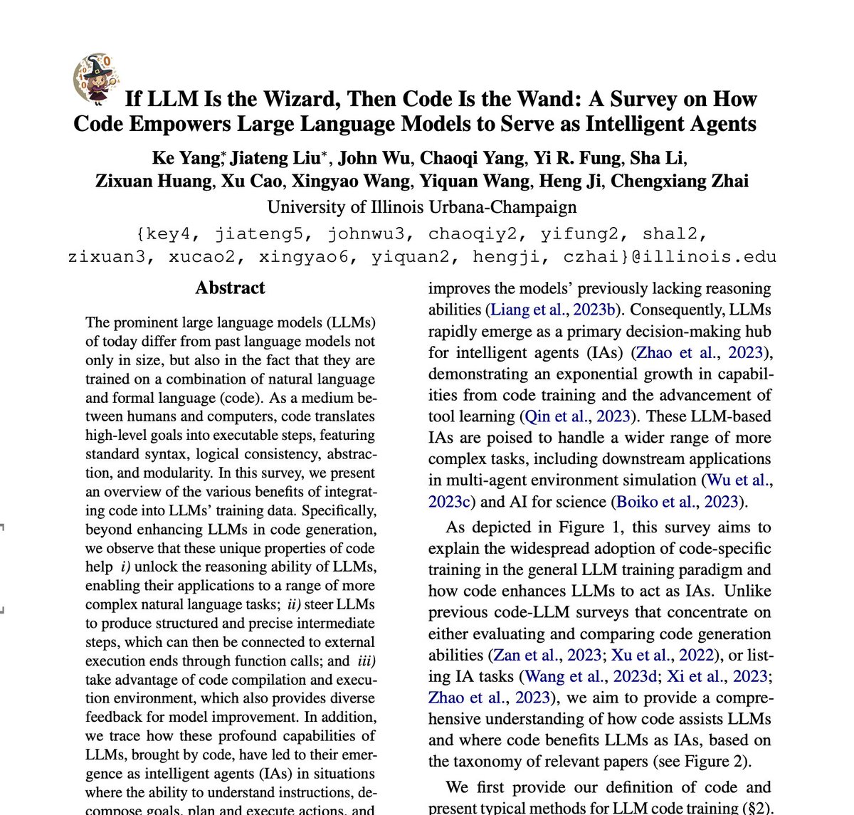 How can we better unlock LLM reasoning ability?
How does code training steer LLMs to produce structured intermediate steps &amp; self-improve?

New Year, New Paper 🚀
Check out our systematic survey: How Code Empowers LLMs to Serve as Intelligent Agents  
arxiv.org/abs/2401.00812
