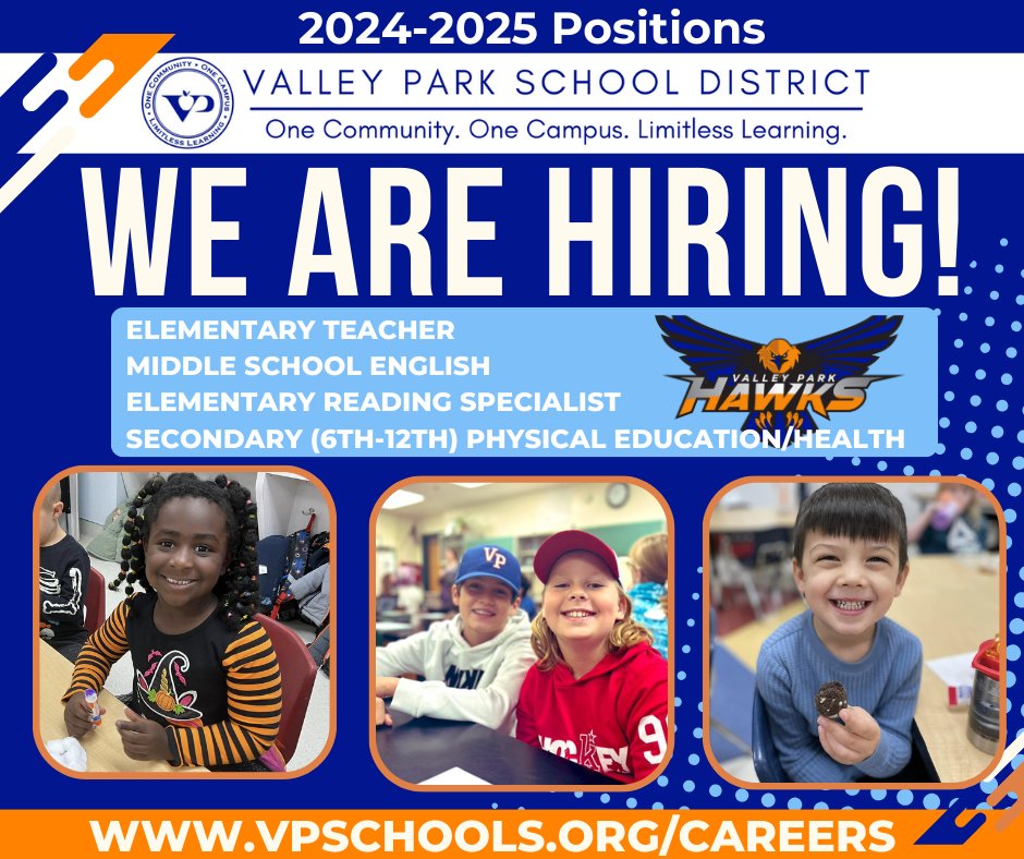 tdilg's tweet image. The @ValleyParkSD is NOW HIRING for our Limitless Learning Community!
Apply for these 2024-2025 school year positions: vpschools.org/careers
• Elementary Teacher
• Middle School English
• Secondary (6th-12) PE/HEALTH
• Elementary Reading Specialist