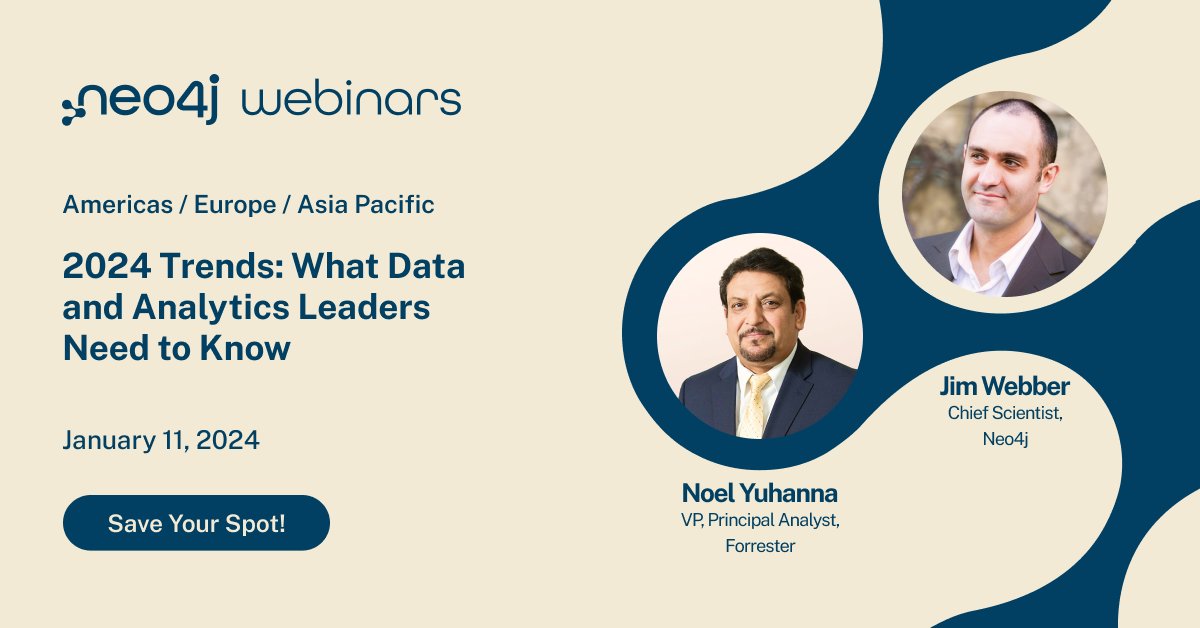 neo4j's tweet photo. Are you a leader in the data and analytics space looking to prepare for the year ahead?
Join @nyuhanna from @forrester and @jimwebber from #Neo4j to discuss trends for 2024.
https://t.co/BxrzZGTjo2
#GenAI #knowledegraphs https://t.co/C9Fxy0TSGV