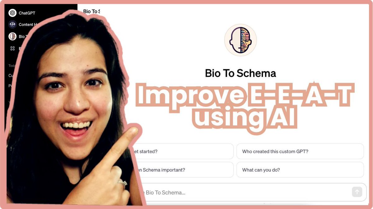 I'm excited to introduce you to Bio To Schema, a custom GPT I've developed to transform author bios into E-E-A-T optimized person schemas.

Try the tool ➡️ buff.ly/3RC1ikz 
See it in action ➡️ buff.ly/4aGgk1A