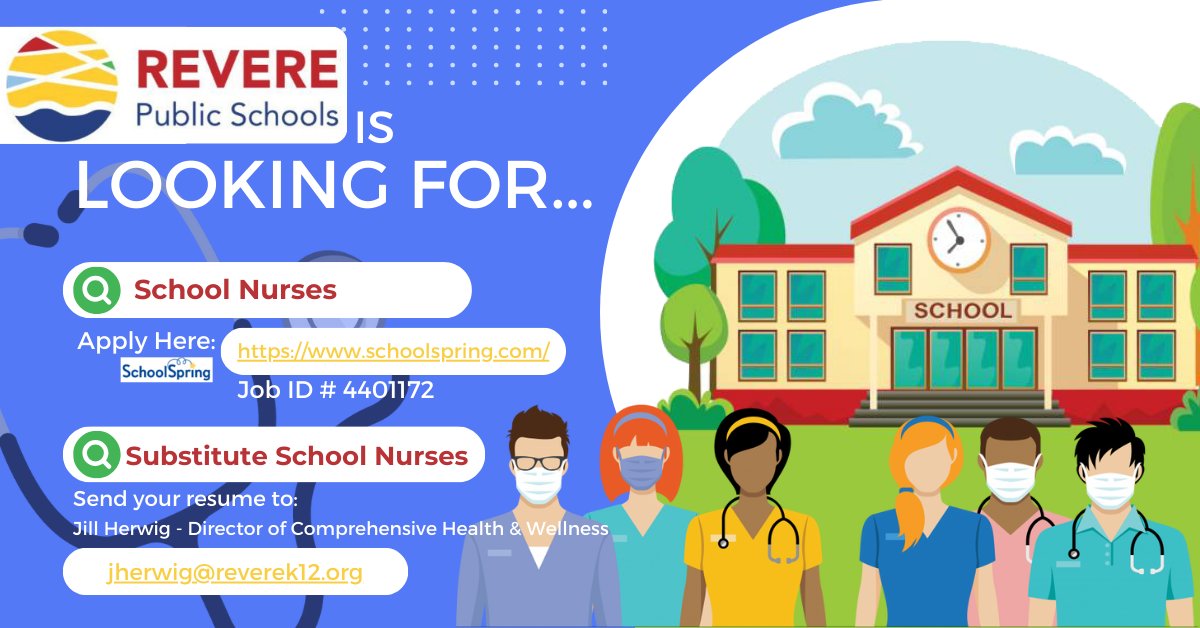 Jill Herwig (@herwig_jill) on Twitter photo Revere Public Schools is looking for...
SCHOOL NURSES & Substitute Nurses (RN required) <a href="/Merrimack/">Merrimack College</a> <a href="/SalemState/">Salem State</a> <a href="/NEU_Nursing/">Northeastern Nursing</a> <a href="/EndicottCollege/">Endicott College</a> <a href="/UMassBoston/">UMass Boston</a> <a href="/SimmonsNursing/">Nursing@Simmons</a> <a href="/UMLNursing/">UMass Lowell Nursing</a> <a href="/RPSCommunicates/">RPS Communications</a> <a href="/StaceyRizzo1/">Stacey A Rizzo</a> Revere Public Schools is looking for...
SCHOOL NURSES & Substitute Nurses (RN required) <a href="/Merrimack/">Merrimack College</a> <a href="/SalemState/">Salem State</a> <a href="/NEU_Nursing/">Northeastern Nursing</a> <a href="/EndicottCollege/">Endicott College</a> <a href="/UMassBoston/">UMass Boston</a> <a href="/SimmonsNursing/">Nursing@Simmons</a> <a href="/UMLNursing/">UMass Lowell Nursing</a> <a href="/RPSCommunicates/">RPS Communications</a> <a href="/StaceyRizzo1/">Stacey A Rizzo</a>
