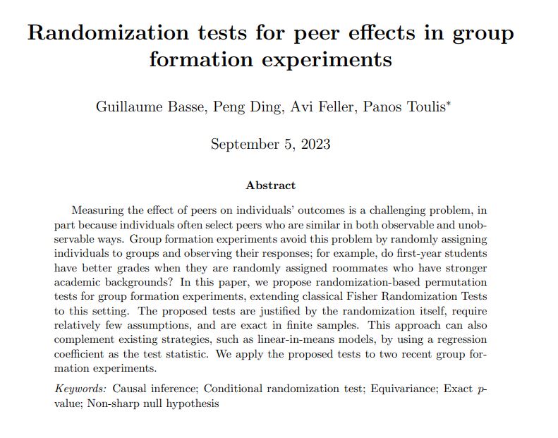 Econometrica (@ecmaeditors) on Twitter photo How should we analyze experiments that randomly form groups of people? A new paper by Basse, @pengdingpku, <a href="/AviFeller/">Avi Feller</a>, and <a href="/PanosToulis/">Panos Toulis</a> proposes a simple-to-implement, randomization-based test that is exact in finite samples.📊 econometricsociety.org/publications/e… How should we analyze experiments that randomly form groups of people? A new paper by Basse, @pengdingpku, <a href="/AviFeller/">Avi Feller</a>, and <a href="/PanosToulis/">Panos Toulis</a> proposes a simple-to-implement, randomization-based test that is exact in finite samples.📊 econometricsociety.org/publications/e…