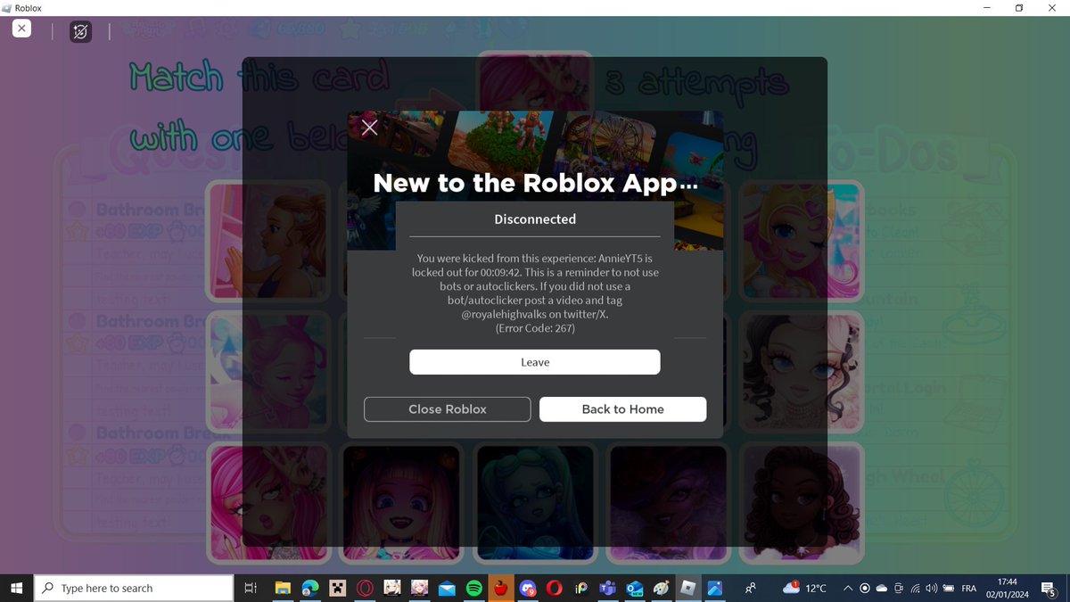 nee_wolfy's tweet photo. @RoyaleHighValks I got banned for no reason. I don't have an autoclicker. My screen glitched and it wouldn't let me leave the little matching game. Srry for not being able to post a video tho, I can't find my phone and for some reason, I can't post the vid I made for some reason. https://t.co/IGBuyN4CBM