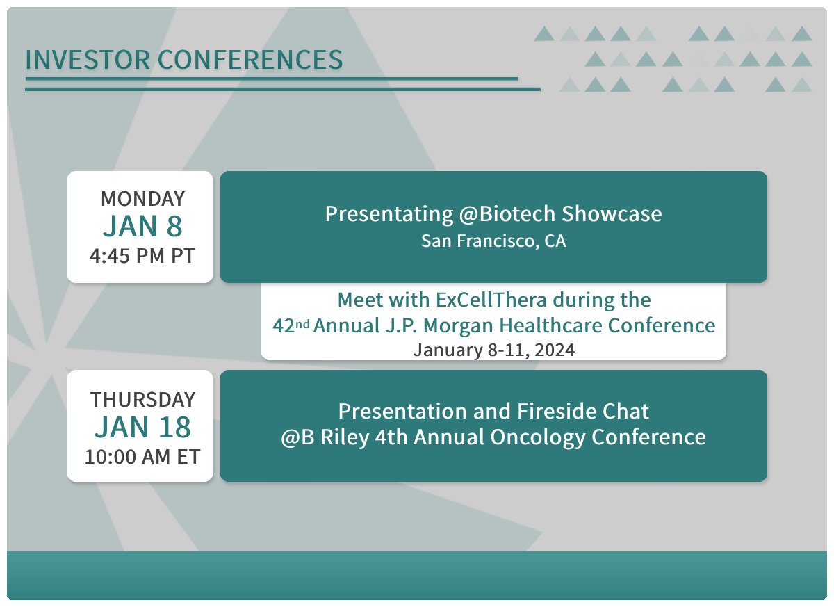 ExCellThera will present at the #BiotechShowcase on Jan 8 at 4:45 PT and hold investor meetings during the JP Morgan #Healthcare Conference, Jan 8-11, in San Francisco.  excellthera.com/news/excellthe…  #UM171