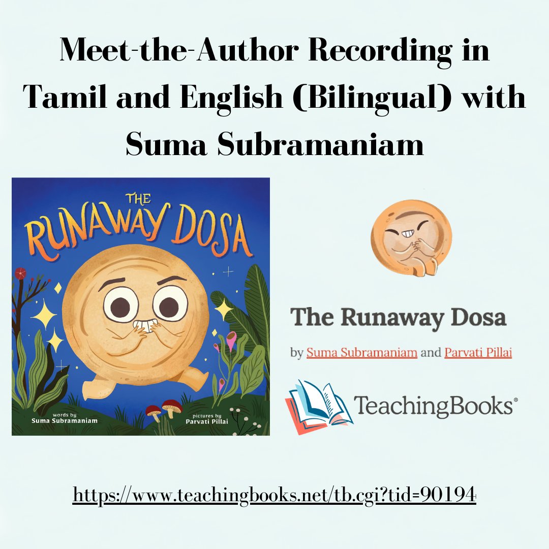 Meet author @suma_v_s and learn about the backstory that went into creating #TheRunawayDosa, with her new interview on @TeachingBooks. Learn about what inspired this creative tale and explore more resources for this title by visiting: teachingbooks.net/tb.cgi?tid=901…

#BeeAReader🐝