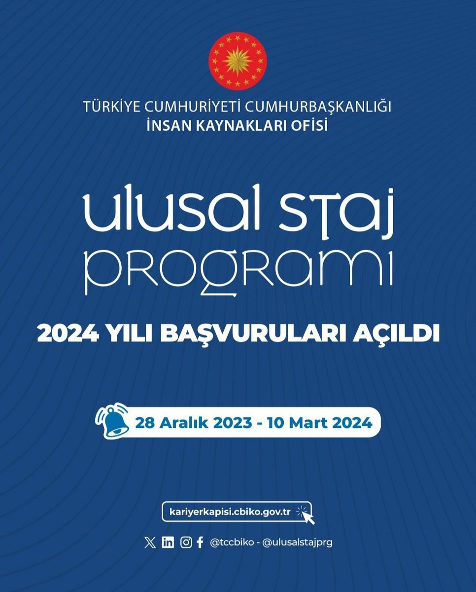 #UlusalStajProgramı 2024 yılı başvuruları açıldı! Tüm öğrencilerimize başarılar dileriz. 

🔗 kariyerkapisi.cbiko.gov.tr 

@tccbiko <a href="/kariyerkapisi/">Kariyer Kapısı</a>