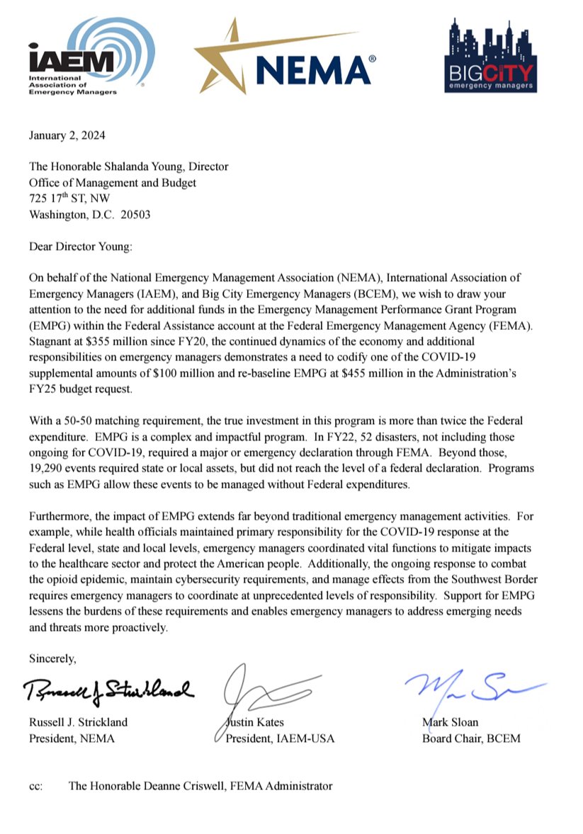 Today, <a href="/iaem/">IAEM</a>, <a href="/NEMA_DC/">NEMA DC</a>, &amp; Big City EM sent a letter to @OMBPress, urging an increase in the EMPG program to $455m. Despite a temp. COVID-19 increase, the allocation reverted to $355m and has been there since FY20. Consider reaching out to elected officials to advocate for this.