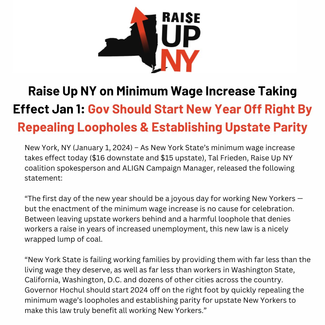 The enactment of the minimum wage increase is no cause for celebration. Between leaving upstate workers behind + harmful loophole that denies workers a raise in years of increased unemployment, this new law is a nicely wrapped lump of coal. ➡️alignny.org/press/2024minw…