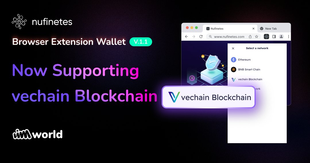 A new blockchain has been added to Nufinetes extension browser: it's #vechain!

Nufinetes was born as a vechain wallet and we're thrilled to add $VET and $VTHO support. Also add custom VIP180 tokens to your wallet.

Nufinetes supports #Bitcoin #Ethereum #BNBchain #Polygon &amp; more!