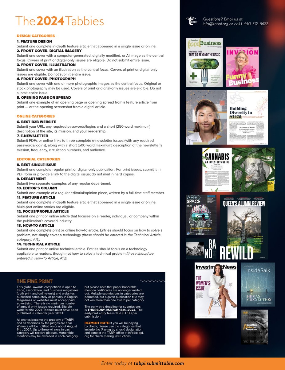 The 2024 Tabbie Awards is now open for submissions. See the Call for Entries here, and please share! 👍🏆 tabpi.org/wp-content/upl… #b2b #journalism #editor #GraphicDesigner #editorial #awards #awardsprograms #tabbies #tabbieawards #trademagazine #b2bpublication #2024tabbies