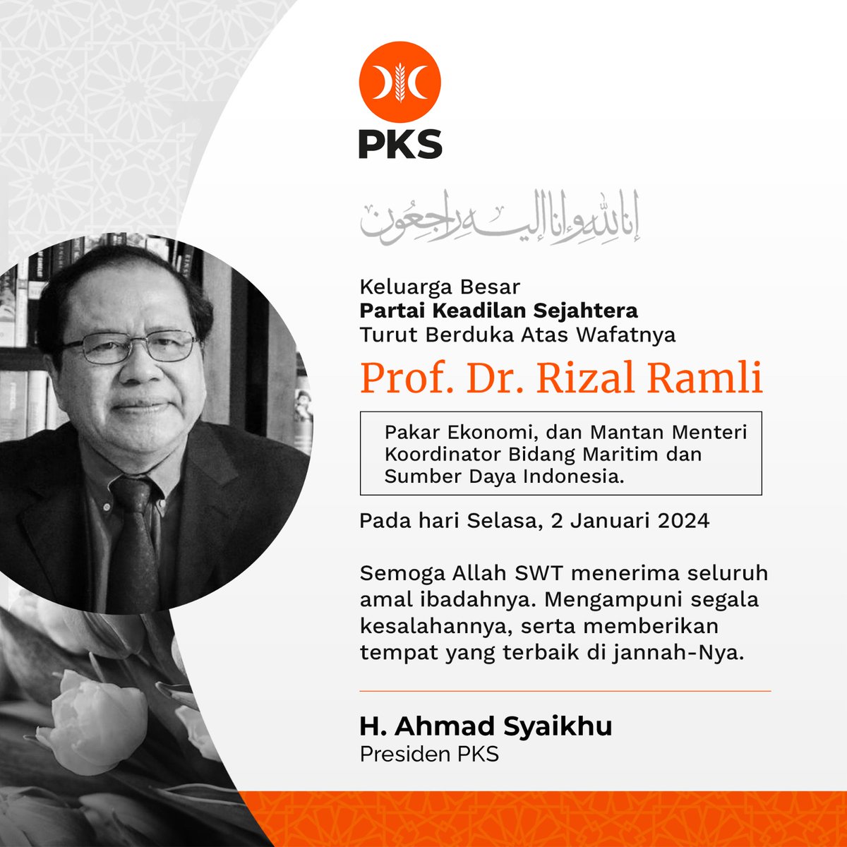 Duka kami yang mendalam atas wafatnya Prof. Dr. Rizal Ramli. 

Beliau sosok yang konsisten dan penuh perhatian terhadap kemajuan bangsa. 

Semoga almarhum mendapatkan tempat terbaik di sisiNya. Amiin.