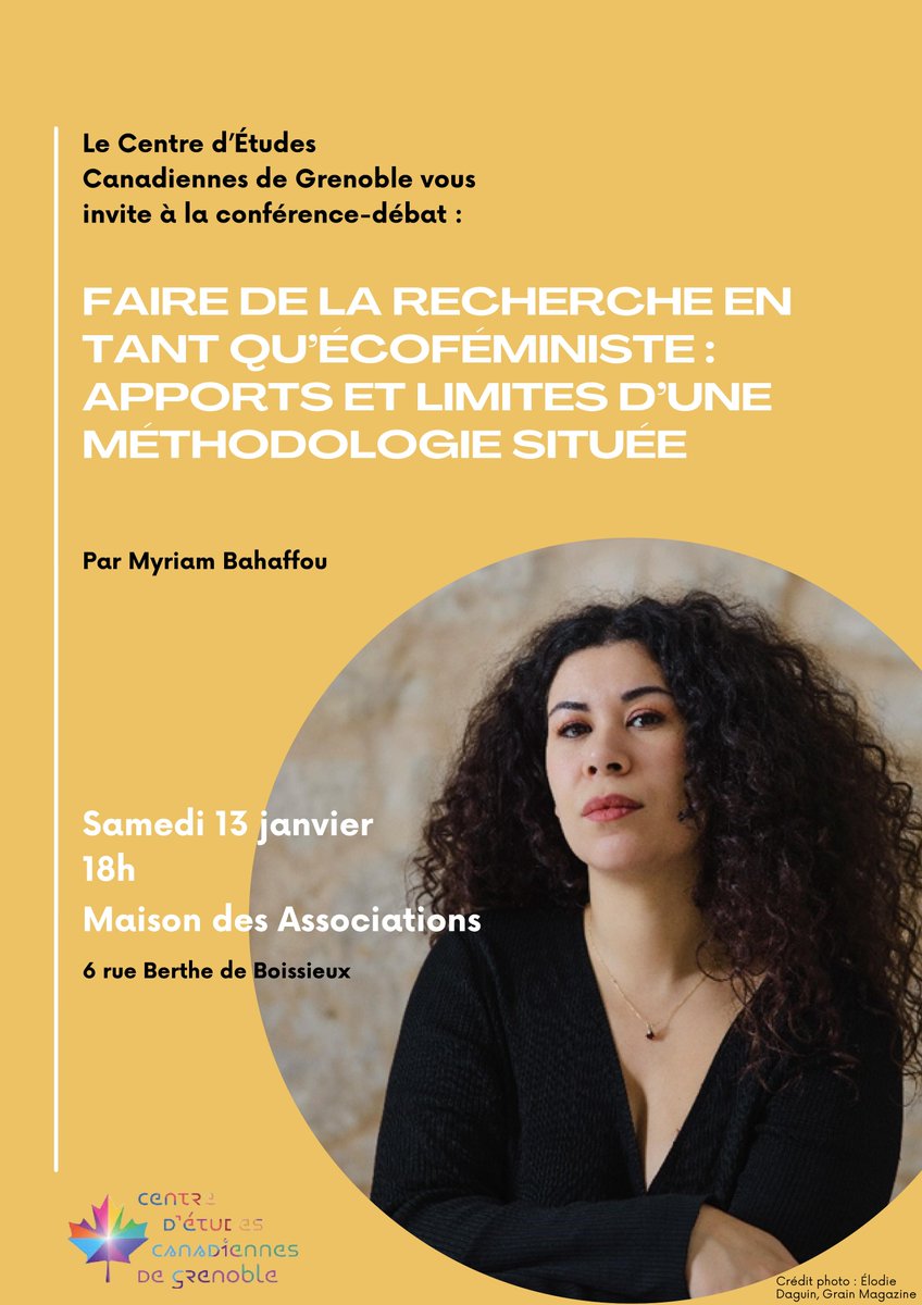 Les Saisons du Canada reprennent dès le 13 janvier, avec la conférence de notre invitée de ce début d’année : Myriam Bahaffou, chercheuse en philosophie féministe, militante écoféministe et autrice de l’ouvrage "Des paillettes sur le compost, écoféminismes au quotidien" (2022).