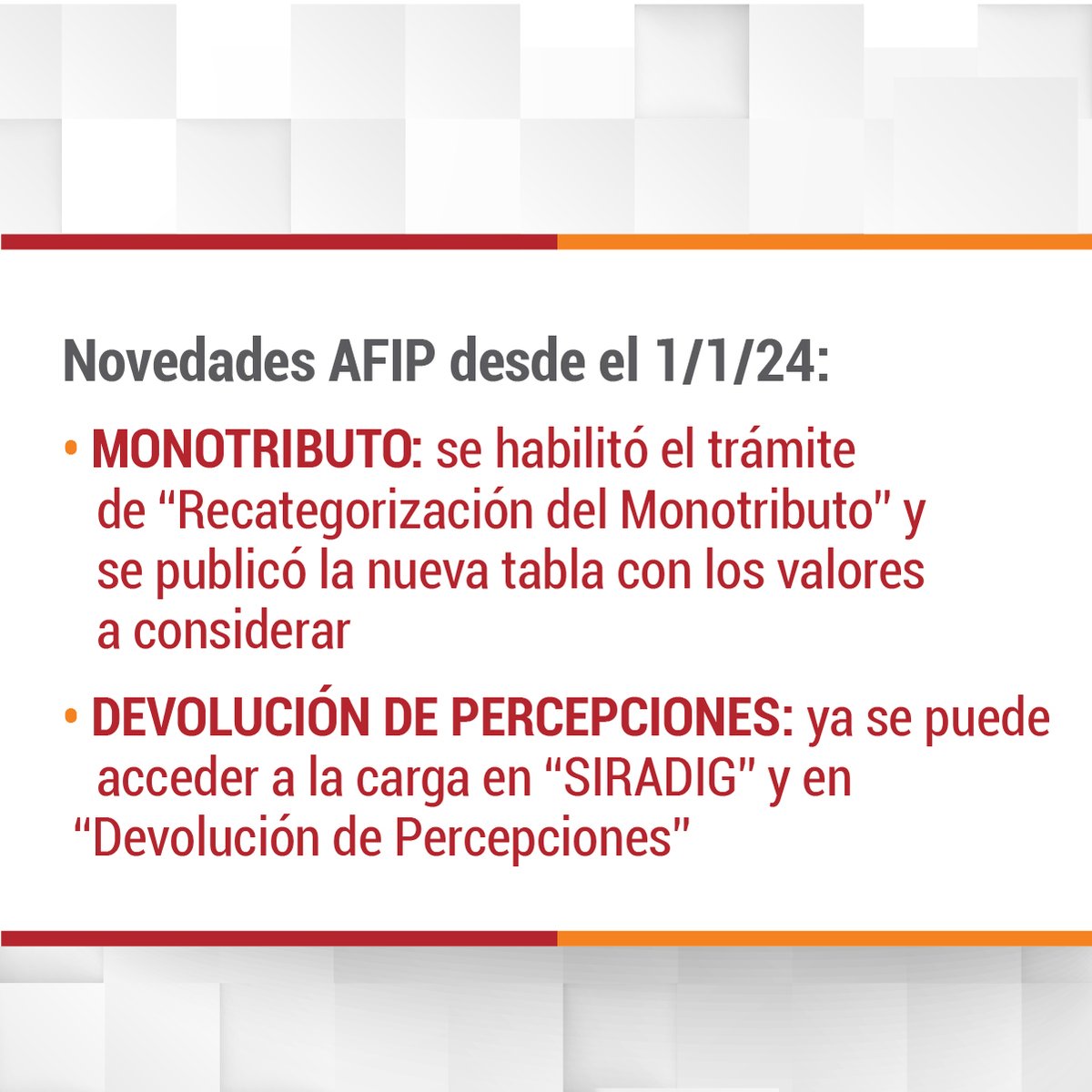 ConsejoCABA's tweet photo. AFIP habilitó desde el 1/1:
 
-        El trámite de “Recategorización del Monotributo” 👉🏽 https://t.co/EbUlrPgAbH 

-        La carga para la solicitud de devolución de percepciones RG (AFIP) 4815 del período fiscal 2023. 👉🏽 https://t.co/YGUq62a6Hg https://t.co/4ZHQyd4LZs
