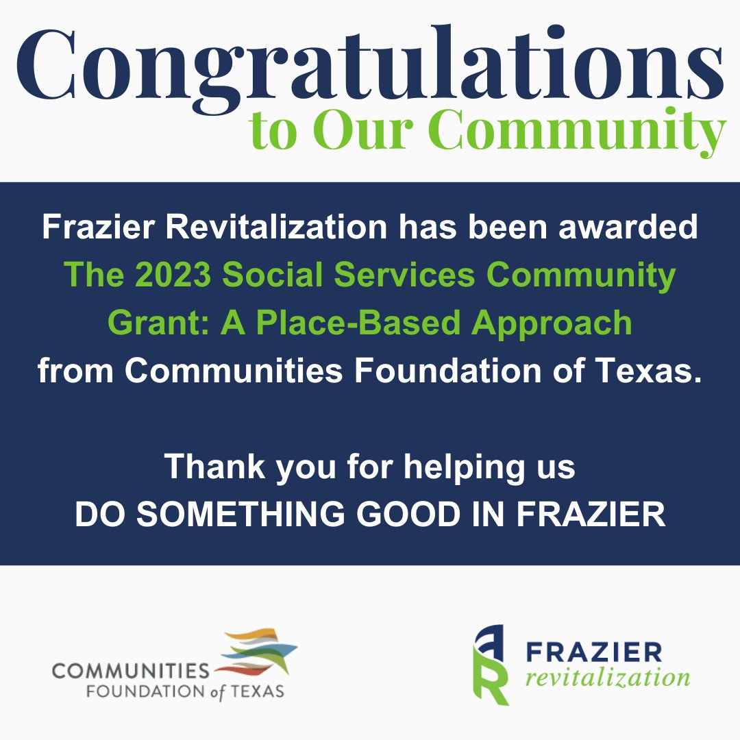 FrazierRevital's tweet photo. We are excited to announce that we have received the @givewisely 2023 Social Services Community Grant: A Place-Based Approach. #CFTImpact #FrazierRevitalization #Frazier #BertrandCommunity #empowerment #PlaceBasedRevitalization #dosomethinggood #dosomethinggoodinfrazier #DallasTX https://t.co/QIE4OIiWTH
