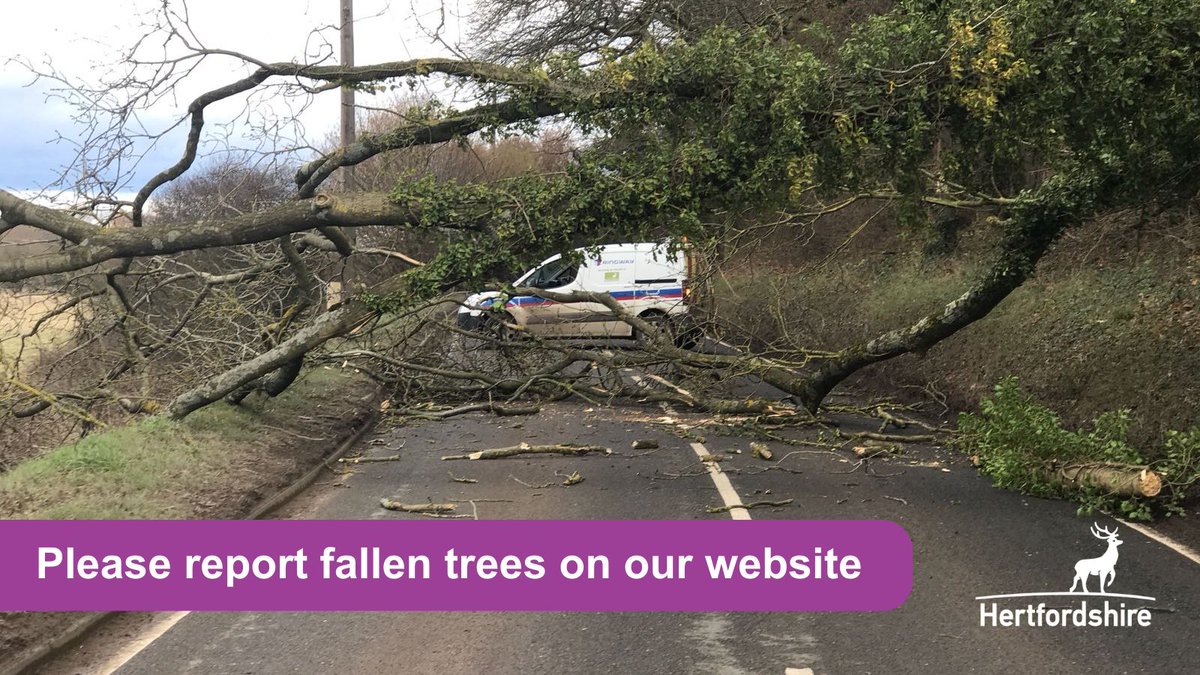Herts_Highways's tweet photo. Due to high winds there may be fallen trees or branches, please take extra care if you are travelling and report them to us on our website: https://t.co/y9xyP1cQJb https://t.co/eNiiHdOC2M