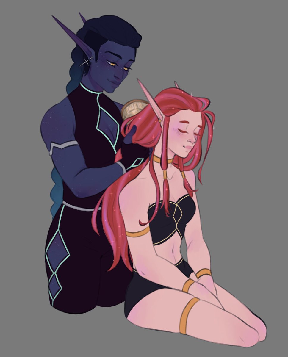 Minoandthecakes's tweet photo. I’m gonna try to be active in 2024- statting with a couple of astral elves ! Or my headcanon of them anyway.
.
#dnd #oc #astralelf #couple #lesbians #fantasyart https://t.co/Xy9VQ7CMYm