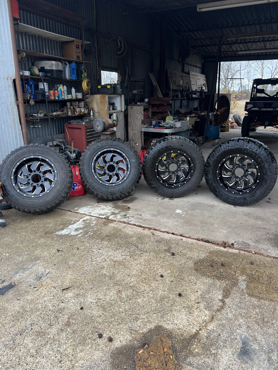 20 inch fuel cleavers on some 37x12.5 rubbers. 8x180 bolt pattern Good tread for sale $1500 bucks… $100 if you find me a buyer located in ben wheeler tx