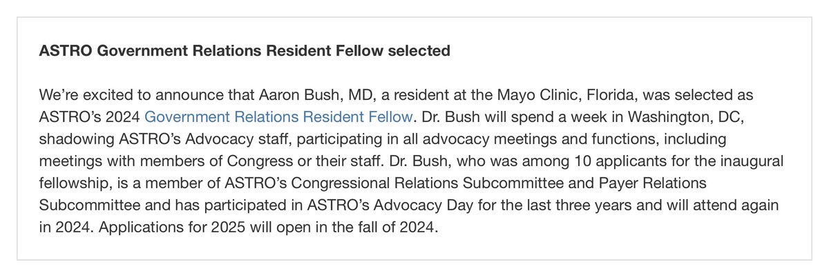 Excited to share that I will serve as the @ASTRO_org government relations fellow for 2024! 

Will aim to improve advocacy efforts and policy for: 

- Prior auth/Insurance denials/P2P #fixpriorauth
- Bundled payment models #ROCR
- Supervision

Please comment/DM with other recs!