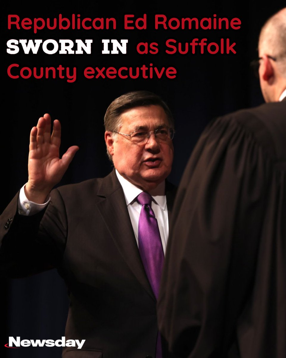 Newsday's tweet photo. Republican Ed Romaine was sworn in as the ninth Suffolk County executive, stressing in his inauguration speech the importance of strengthening county finances and making the area more affordable, and touting what he said was his ability to work with Democrats.
Speaking before a crowd of several hundred gathered, Romaine did not unveil specific initiatives but said he would prioritize cybersecurity, affordable housing, the environment, law enforcement and improving Child Protective Services.
Visit the link here to read more: https://t.co/CnCdmGDo2d